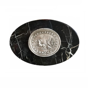 Portoro marble paperweight with sterling silver plaque depicting the Emperor Augustus on the chariot of winged Victory