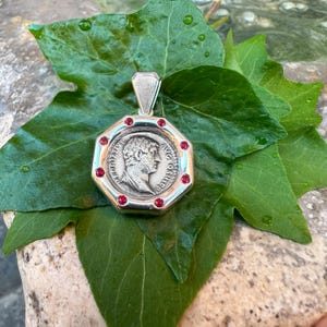 Genuine Roman coin (denario-2nd century AD) depicting the Emperor Hadrian, with 8 rubies 0,6KT sterling silver pendant