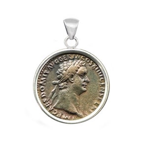 Genuine Roman coin (1st century AD) in bronze depicting the emperor Domitian sterling silver pendant; Virtus in the back