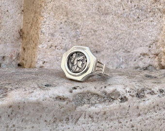 Authentic 4th century BC coin depicting the head of the goddess Athena (coined by Alexander the Great) sterling silver ring