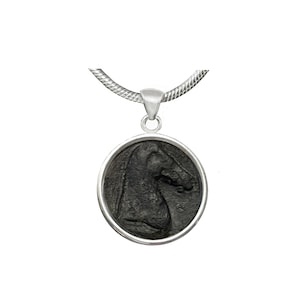 Sterling silver pendant with authentic (3th century B.C.) bronze coin depicting a horse&#39;s head