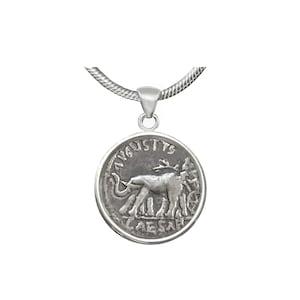 Elephant Roman coin (18 BC ) sterling silver pendant; Honos-Emperor Augustus in the other side