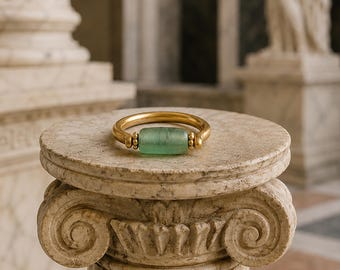 Authentic Ancient Roman Green Bead 18Kt Gold Ring