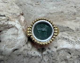 HOUND Authentic Greek Bronze Coin 5th Century B.C. Revolving sterling silver and 18 Kt gold Ring