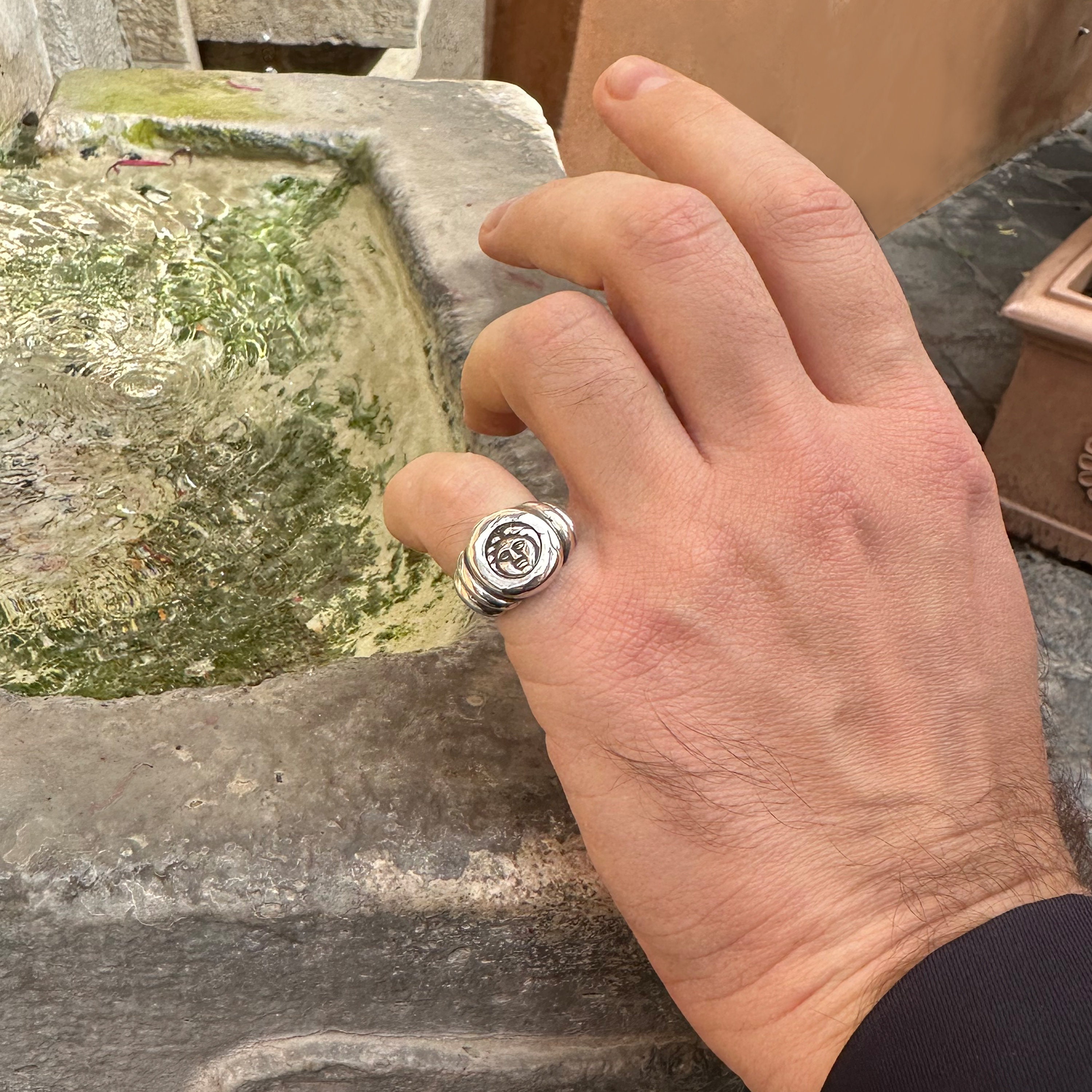 Greek coin ( authentic, V cent. B.C.) depicting Apollo, set in a sterling silver ring