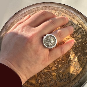 Goddess Rome authentic Roman coin ( 211 BC ) sterling silver ring; Dioscuri, Castor and Pollux, on the other side.