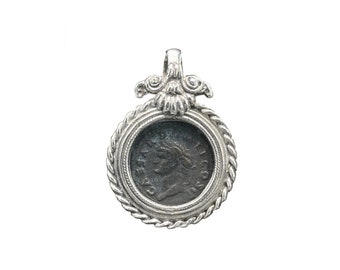 Roman bronze coin depicting Emperor Domitian (1st cent. AD) set in a sterling silver pendant