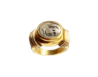 Gold ring (18 K ) with authentic ancient Greece Rhodes with Helios and Rose in the reverse side ( 4th century B.C.)