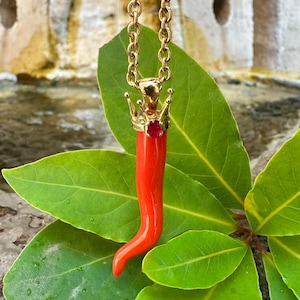 May include: A gold chain necklace featuring a red horn pendant. The pendant is adorned with a gold crown and a small red gemstone. The necklace is set against a background of green leaves.