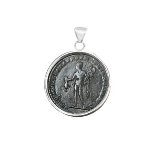 Genuine Roman bronze coin (3rd century AD) depicting the God Hermes/Mercury with caduceus silver pendant; Emp.Elagabalo on the back
