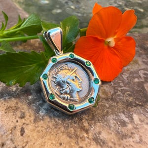 Genuine  Roman silver coin (148 BC) depicting the Goddess Roma silver with 8 emeralds pendant; on the reverse, Dioscuri