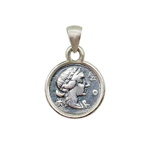 Roman coin pendent ( silver denarius-IInd century B.C.) depicting a diademed Goddess Rome