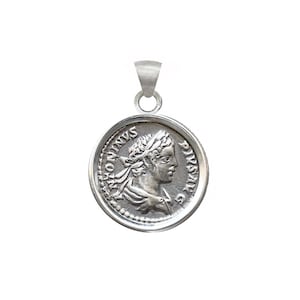 Roman silver coin (III sec.AD) pendant depicting Emperor Caracalla; Salus on the other side of the coin.