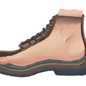 May include: A brown leather boot with a black lace-up closure and a thick, padded insole. The boot is cut open to show the insole and the foot inside.