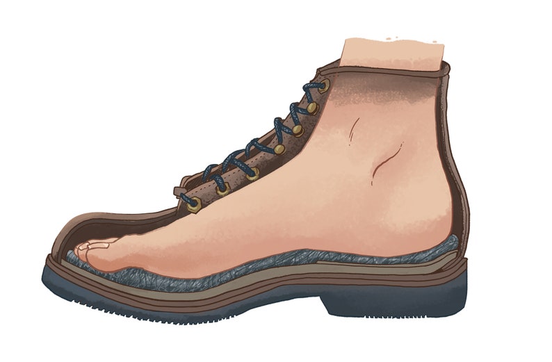 May include: A brown leather boot with a black lace-up closure and a thick, padded insole. The boot is cut open to show the insole and the foot inside.