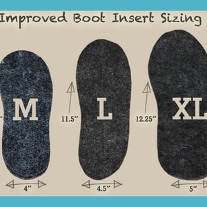 May include: Diagram showing three sizes of boot inserts, labeled "M", "L", and "XL". The inserts are shown with measurements in inches for length and width.
