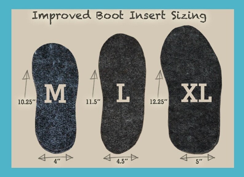 May include: Diagram showing three sizes of boot inserts, labeled "M", "L", and "XL". The inserts are shown with measurements in inches for length and width.