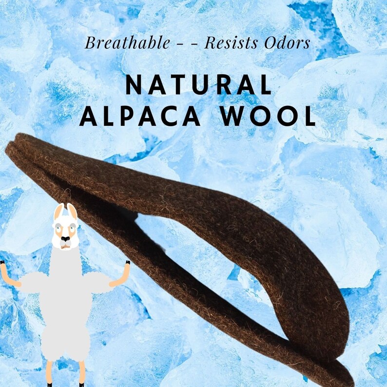 May include: A brown alpaca wool headband, with the text "Breathable - Resists Odors NATURAL ALPACA WOOL" on a blue background.