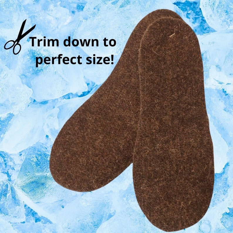 May include: Two brown felt insoles for shoes. The insoles are on a blue background with ice cubes. The text "Trim down to perfect size!" is on the image.