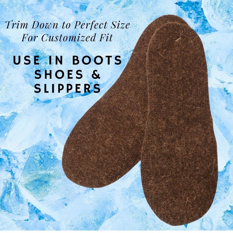May include: Two brown felt insoles for boots, shoes, and slippers. The text "Trim Down to Perfect Size For Customized Fit" and "USE IN BOOTS SHOES & SLIPPERS" is visible in the image.