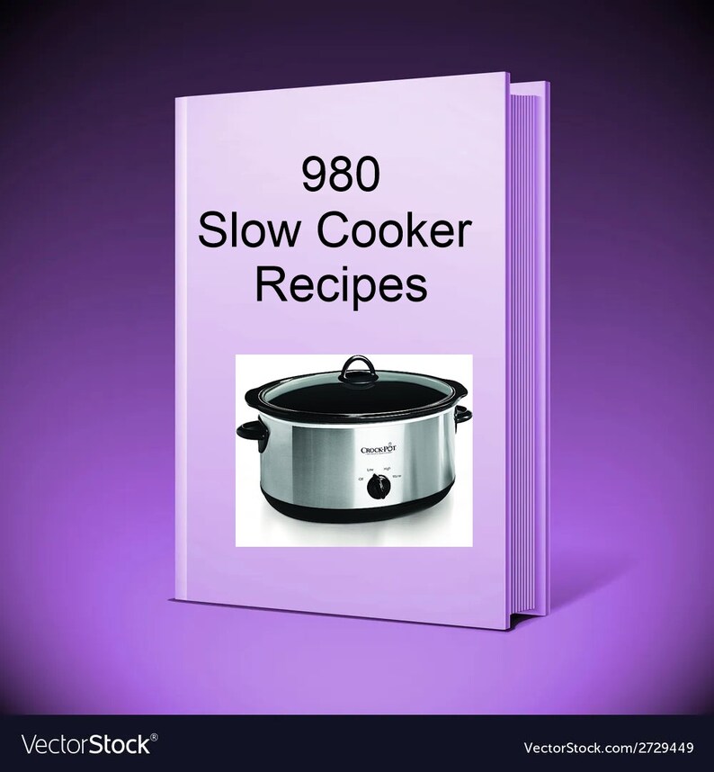 May include: A purple book with the title "980 Slow Cooker Recipes" and a picture of a silver slow cooker on the cover.