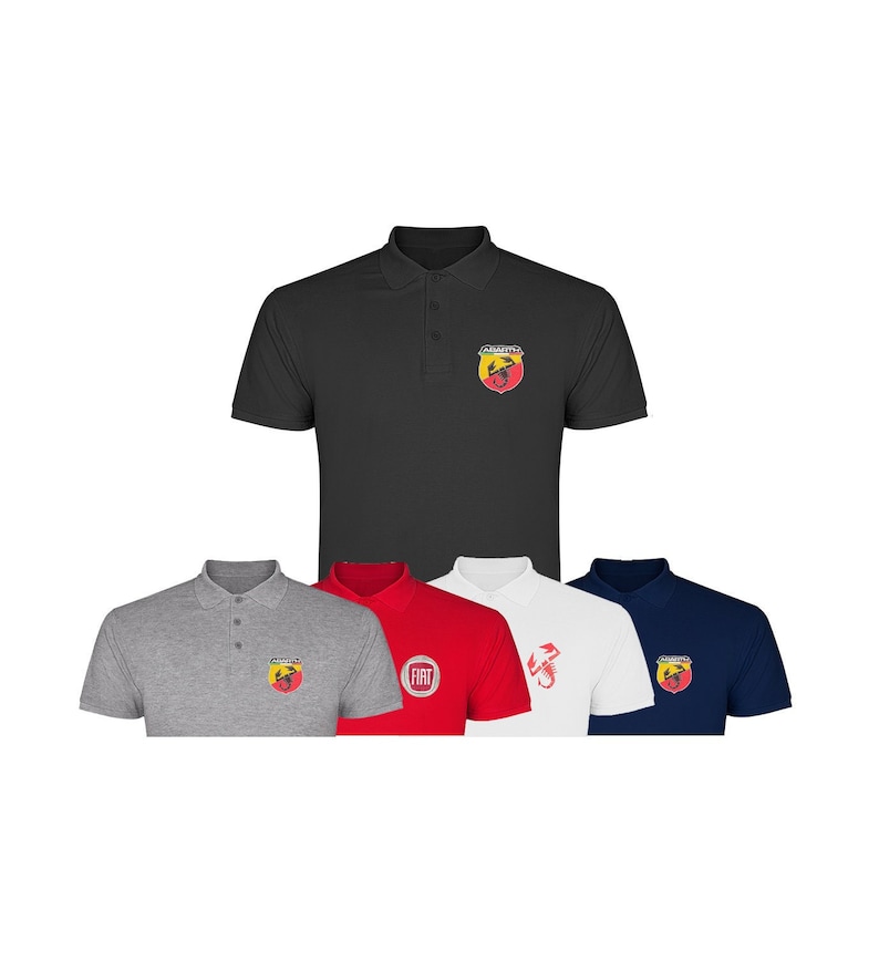 May include: Five polo shirts with different logos. The shirts are in black, grey, red, white, and navy blue. The logos are the Fiat logo, the Fiat Abarth logo, and the Fiat 500 logo.