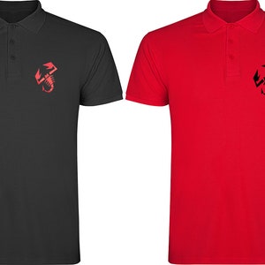 May include: Two polo shirts with a scorpion logo on the left chest. One shirt is black with a red scorpion, and the other is red with a black scorpion.