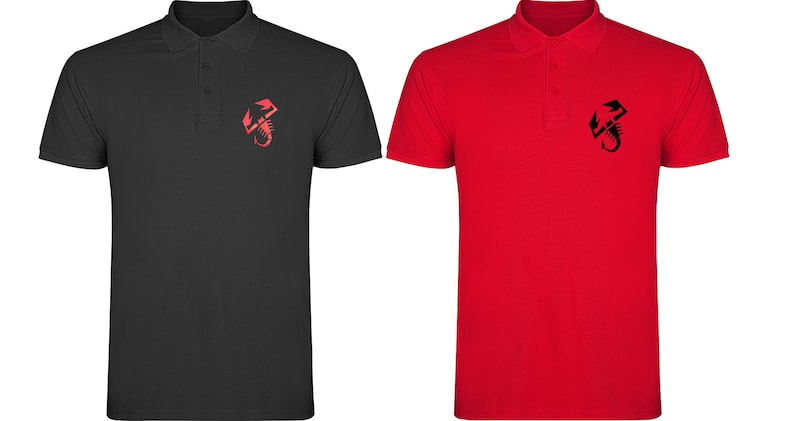 May include: Two polo shirts with a scorpion logo on the left chest. One shirt is black with a red scorpion, and the other is red with a black scorpion.