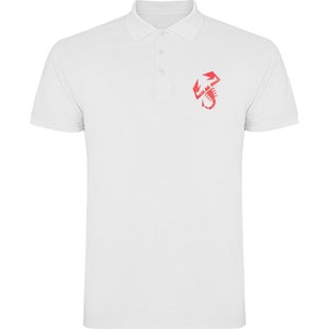 May include: White polo shirt with a red scorpion logo on the left chest.