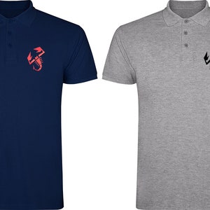May include: Two polo shirts with a scorpion logo on the left chest. One shirt is navy blue with a red scorpion, and the other is gray with a black scorpion.