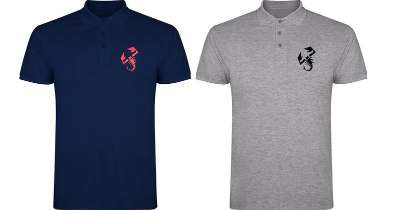 May include: Two polo shirts with a scorpion logo on the left chest. One shirt is navy blue with a red scorpion, and the other is gray with a black scorpion.