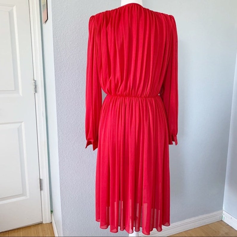 Vintage 1970\u2019s Red Lillie Rubin Chiffon Dress with Puffed Shoulders and Balloon Sleeves Faux Wrap Dress Sz Sm
