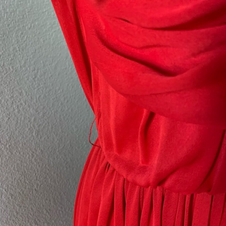 Vintage 1970\u2019s Red Lillie Rubin Chiffon Dress with Puffed Shoulders and Balloon Sleeves Faux Wrap Dress Sz Sm