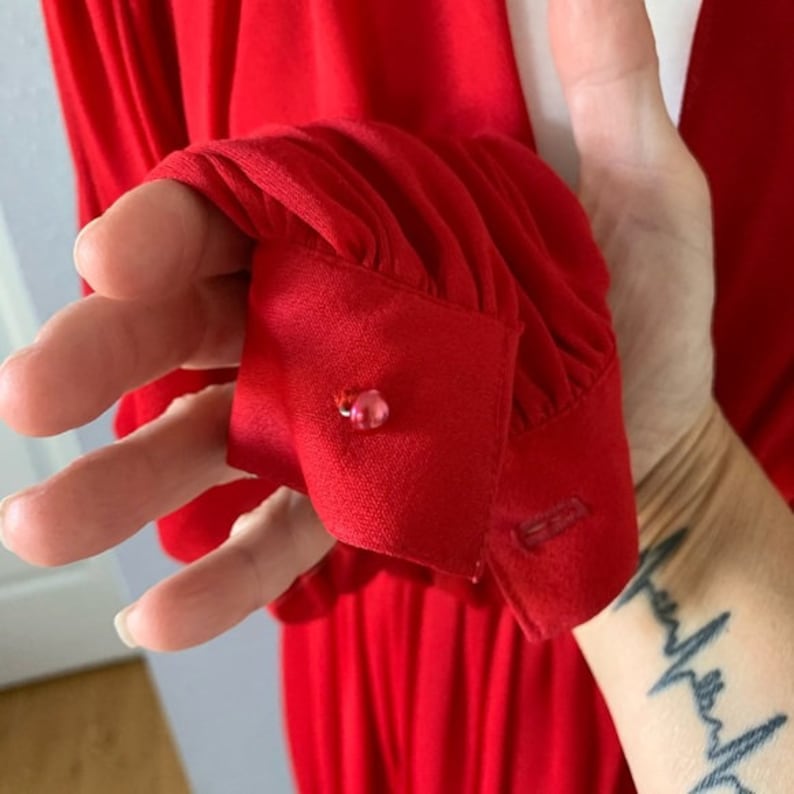 Vintage 1970\u2019s Red Lillie Rubin Chiffon Dress with Puffed Shoulders and Balloon Sleeves Faux Wrap Dress Sz Sm