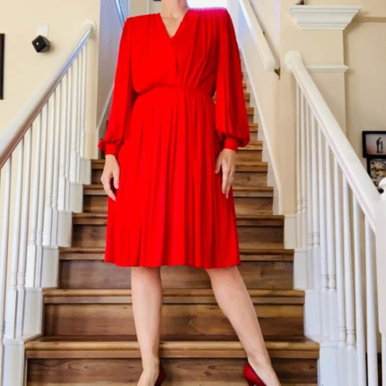 Vintage 1970\u2019s Red Lillie Rubin Chiffon Dress with Puffed Shoulders and Balloon Sleeves Faux Wrap Dress Sz Sm