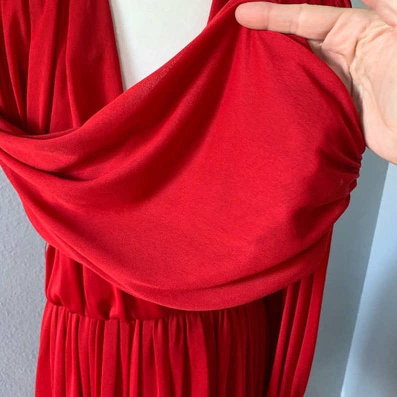 Vintage 1970\u2019s Red Lillie Rubin Chiffon Dress with Puffed Shoulders and Balloon Sleeves Faux Wrap Dress Sz Sm