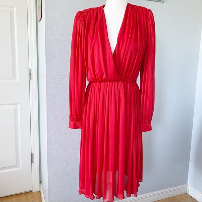 Vintage 1970\u2019s Red Lillie Rubin Chiffon Dress with Puffed Shoulders and Balloon Sleeves Faux Wrap Dress Sz Sm