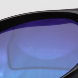 May include: Close-up of a pair of black sunglasses with blue gradient lenses.