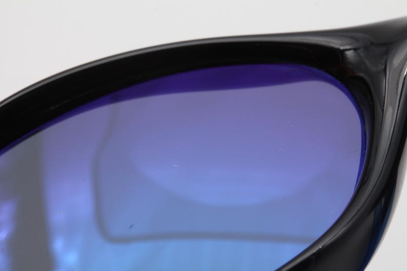 May include: Close-up of a pair of black sunglasses with blue gradient lenses.