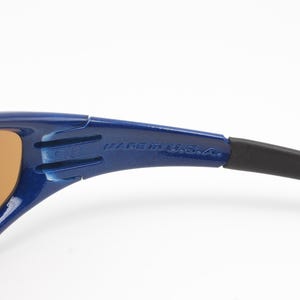 May include: Close-up of a blue and black pair of sunglasses with brown lenses. The sunglasses have the text "Made in U.S.A." printed on the side.