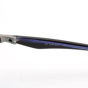 May include: Close-up of eyeglasses with blue lenses and a silver frame. The temple arm is black with the text "Off Line 6.0". The glasses are set against a white background.