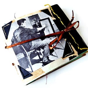 Handmade, unique creative notebook with hand-dyed colored paper, labels, collages - 9 cm x 10.5 cm - 20 sheets / 40 pages