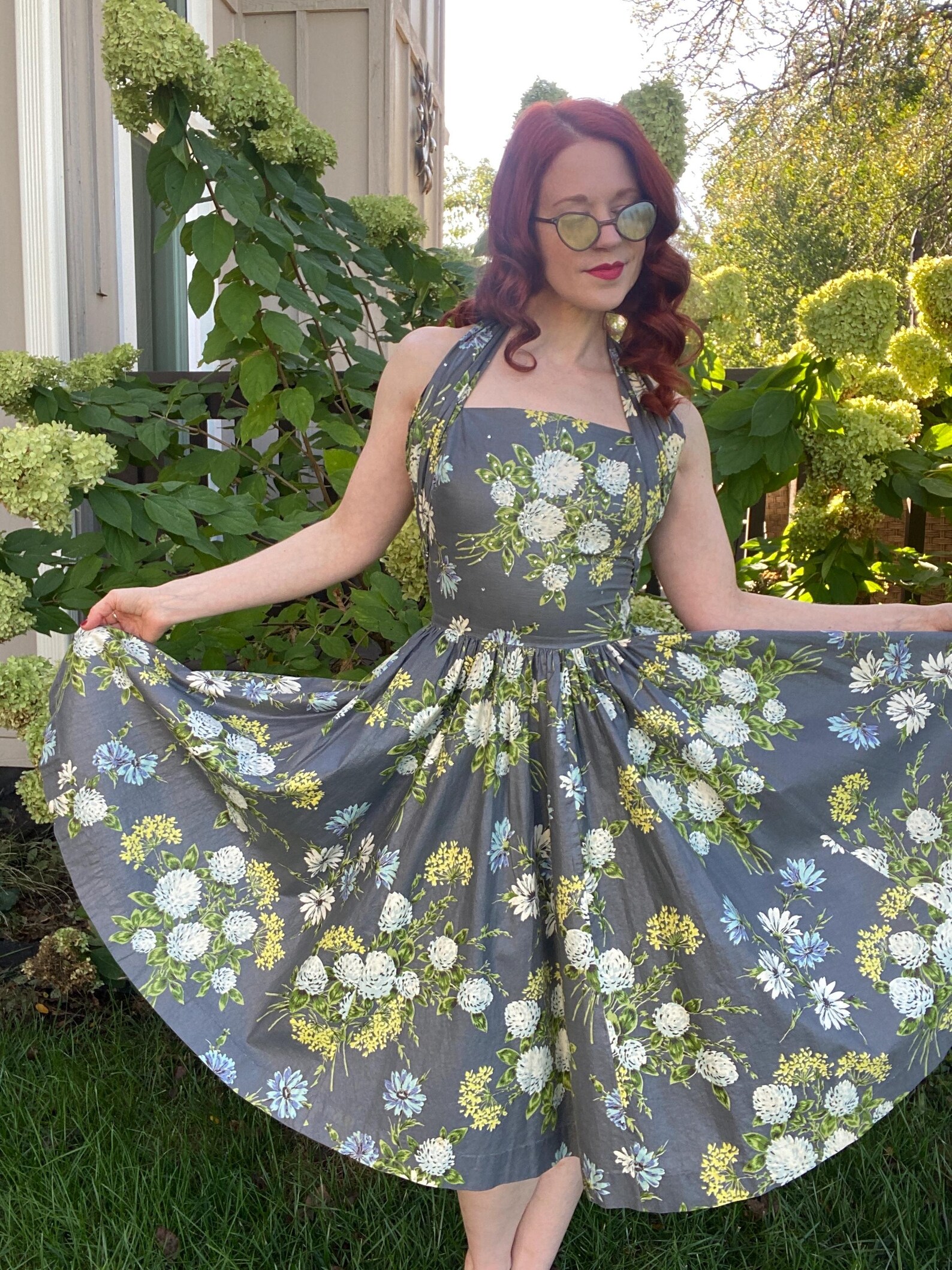 Halter Printed White 1950s Dress with Button