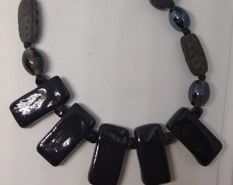 Necklace Black and Grey Ceramic and Stone Beads Handmade