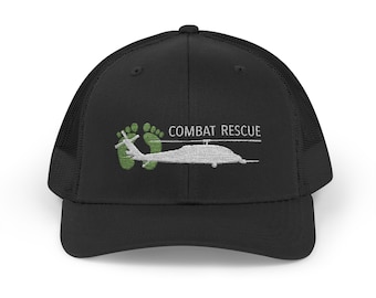 Casquette trucker verte brodée HH-60 Combat Rescue à 4 pieds | Chapeau d'hélicoptère | Chapeau militaire | Casquette d'avion | Pieds verts| Vert joyeux