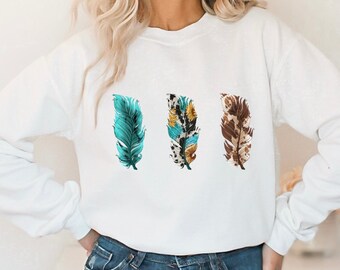 Boho Feathers Sweatshirt, Cowhide Sweatshirt, Cow Print Sunflowers Turquoise Shirt, Boho Western Shirt, Wordless Graphic Shirt, Friend Gift