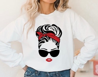 Woman's Face Sweatshirt, Glamour Shirt, Hair Up Lipstick On, Red Lipstick Shirt, Cool Girl Sweatshirt, Gift for Her, Lipstick Lover Gift