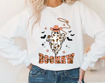 BooHaw Sweatshirt, Ghost Sweatshirt, Cow Print Ghost Shirt, Western Halloween Shirt, Halloween Sweatshirt, Country Fall Shirt, Boo Shirt