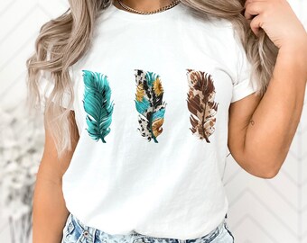 Boho Feathers Shirt, Cowhide Shirt, Cow Print Sunflowers Turquoise Tee, Boho Western T-Shirt, Wordless Graphic Tee, Gift for Friends