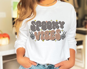Spooky Vibes Sweatshirt, Halloween Sweatshirt, Retro Graphic Shirt, Vibes Shirt, Peace Skeleton Shirt, Spooky Season Sweatshirt